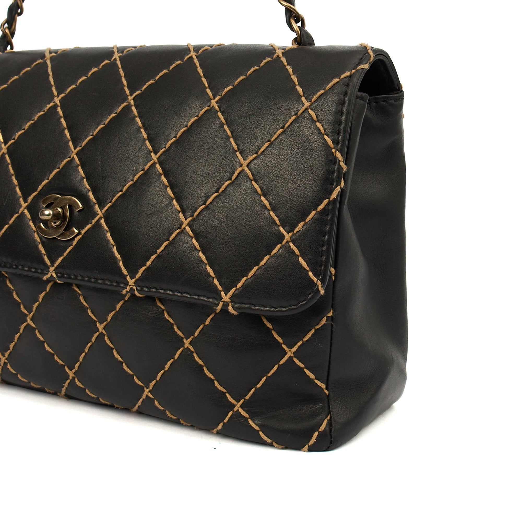 Chanel Shoulder Bag Wildstitch Flap Bag in Black, Leather — Detail View