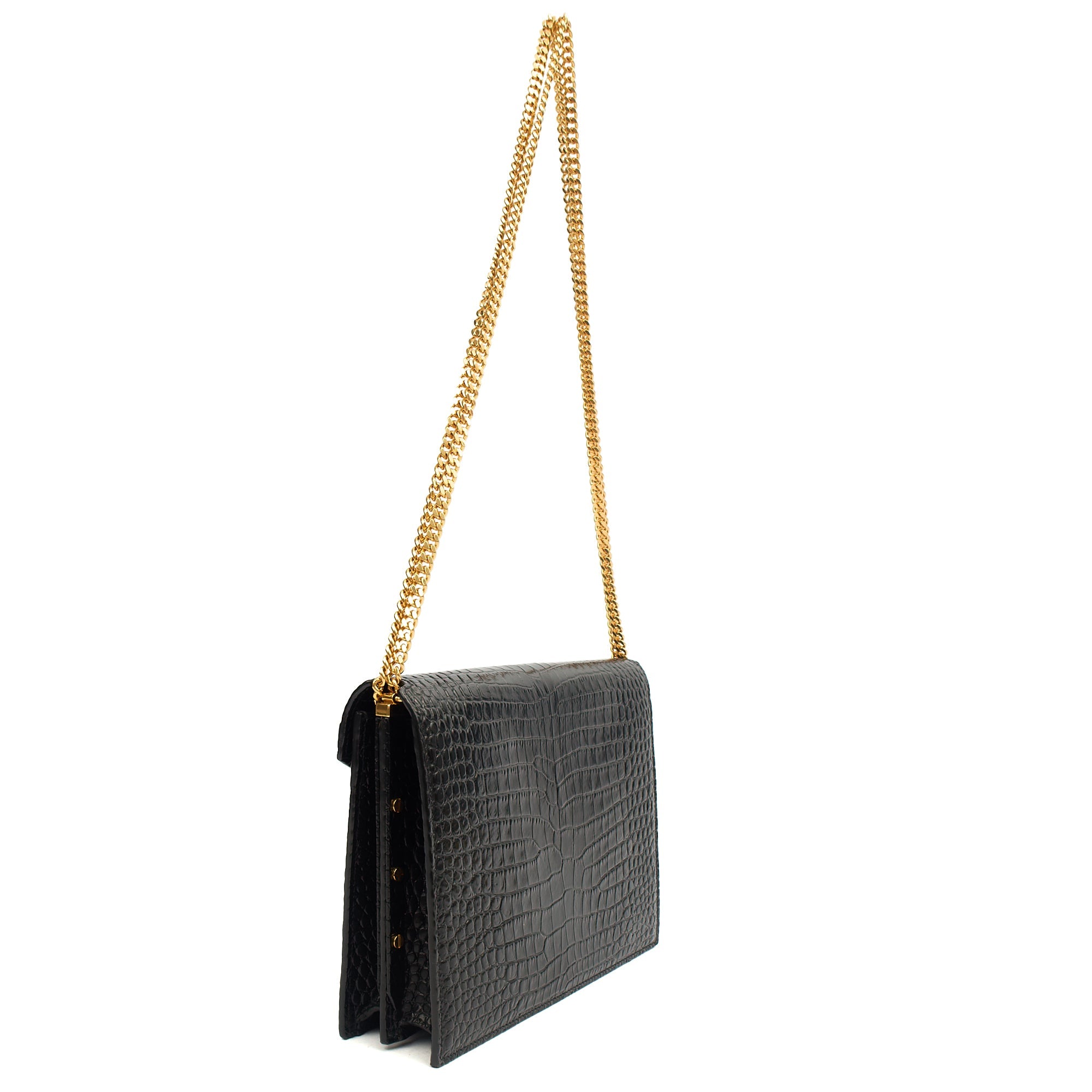 Saint Laurent Shoulder Bag Cassandre Chain Flap Bag in Black, Exotic Effect Leather — Side View