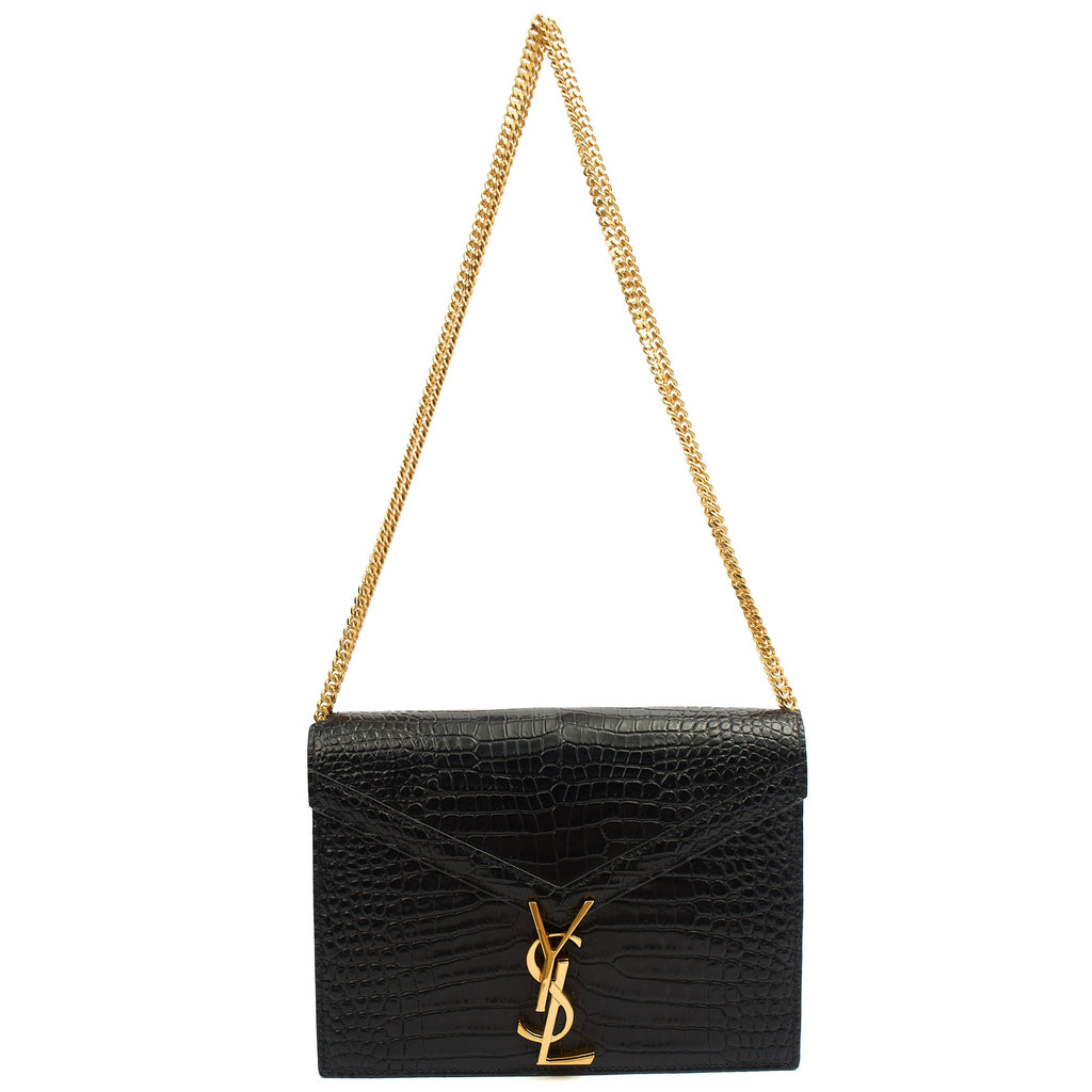 Saint Laurent Shoulder Bag Cassandre Chain Flap Bag in Black, Exotic Effect Leather — Front View
