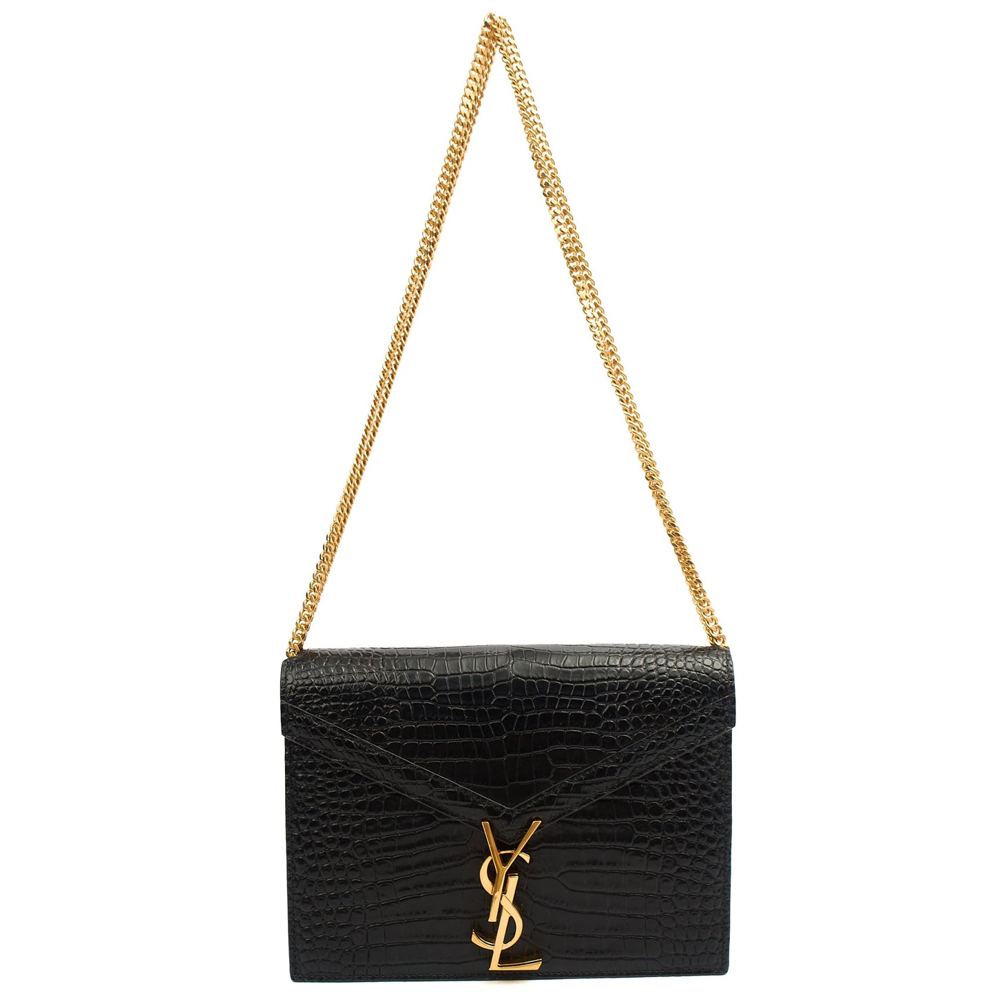 Saint Laurent Shoulder Bag Cassandre Chain Flap Bag in Black, Exotic Effect Leather — Front View