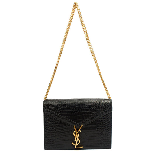Saint Laurent Shoulder Bag Cassandre Chain Flap Bag in Black, Exotic Effect Leather — Front View