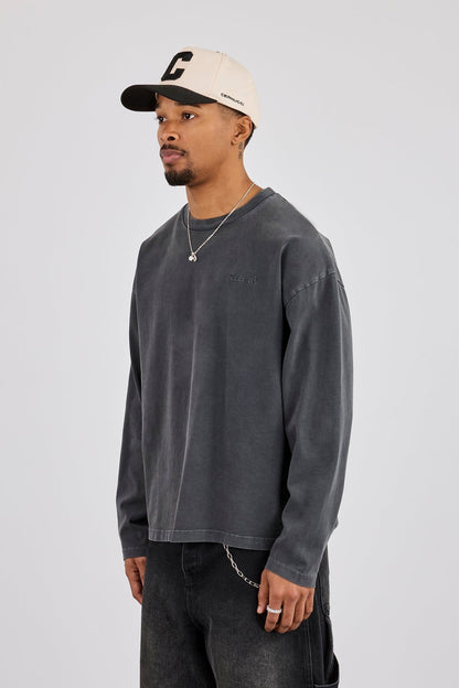 Cernucci Washed Long Sleeve T-Shirt - Charcoal — S — Side View