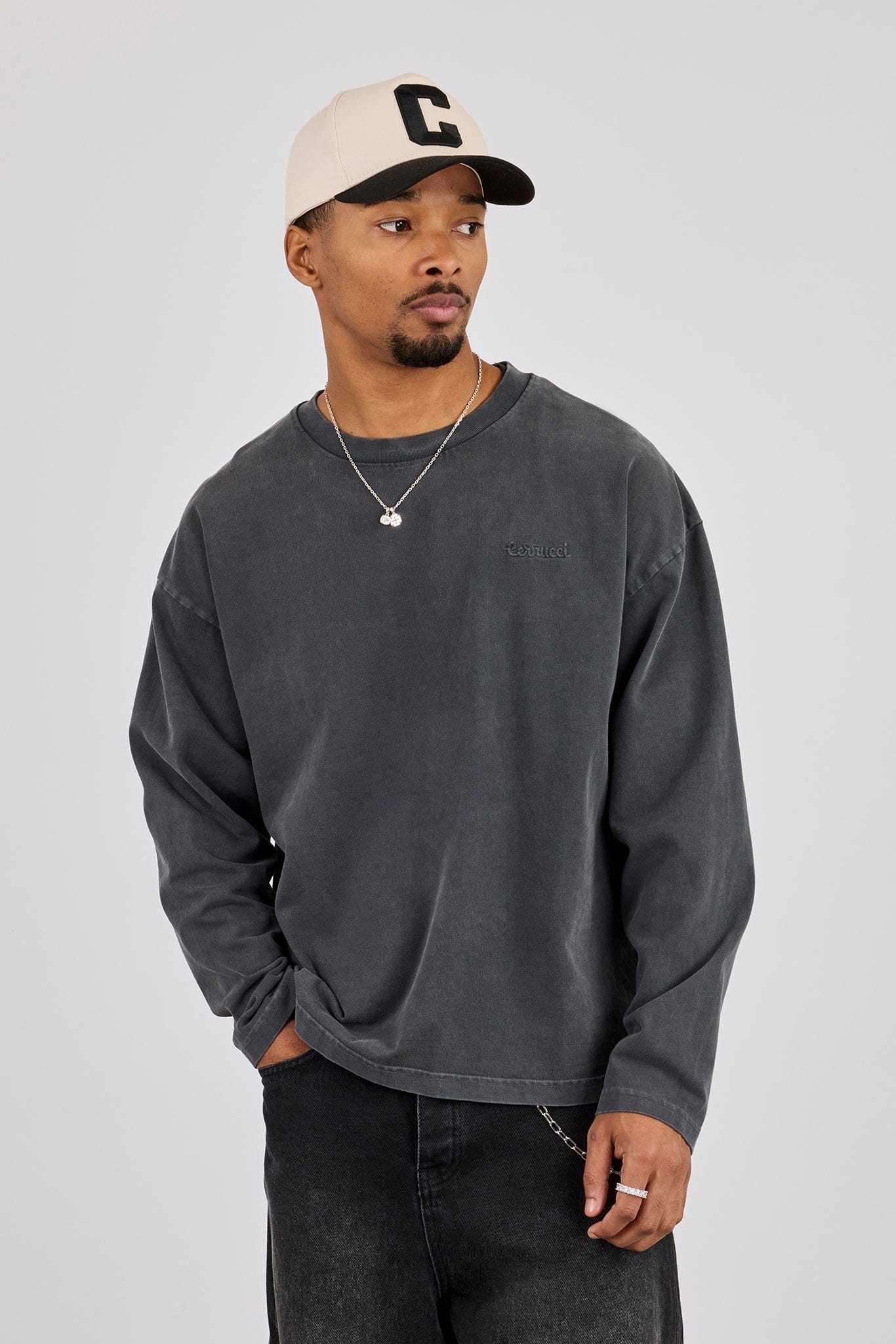 Cernucci Washed Long Sleeve T-Shirt - Charcoal — S — Front View