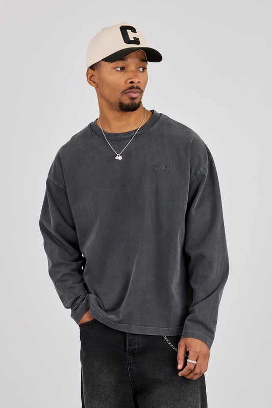 Cernucci Washed Long Sleeve T-Shirt - Charcoal — S — Front View