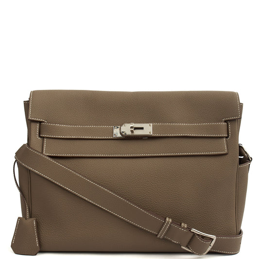Hermes Kelly Messenger in Etoupe, Togo Leather — Front View
