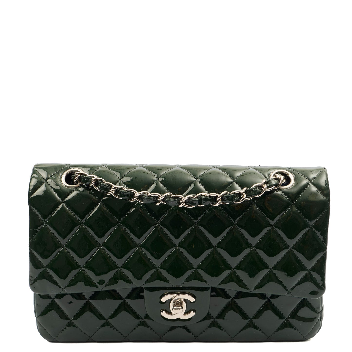 Chanel Shoulder Bag Classic Double Flap - Medium in Green, Patent Leather — Front View