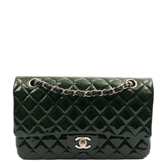 Chanel Shoulder Bag Classic Double Flap - Medium in Green, Patent Leather — Front View