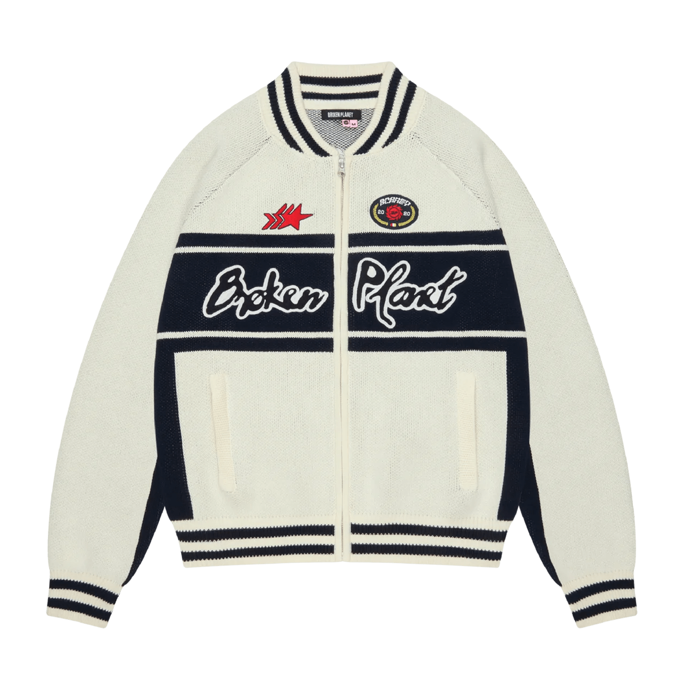 Broken Planet Racer Knit Zip Up 'White Navy' — XXS — Front View