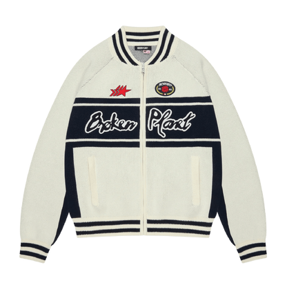 Broken Planet Racer Knit Zip Up 'White Navy' — XXS — Front View