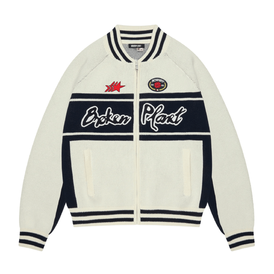 Broken Planet Racer Knit Zip Up 'White Navy' — XXS — Front View