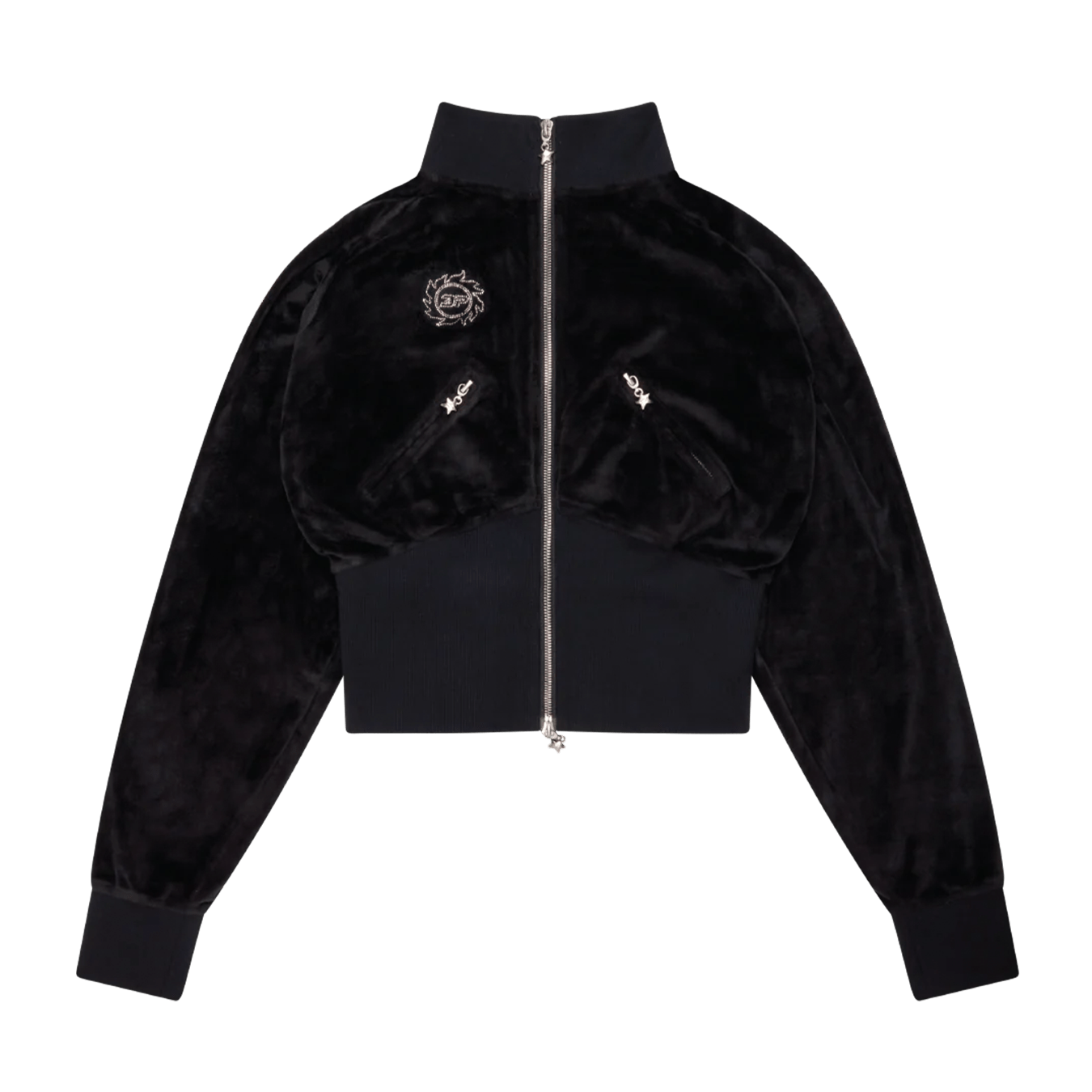 Broken Planet Star Girl Velour Track Jacket 'Midnight Black' — XXS — Front View