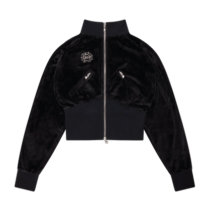 Broken Planet Star Girl Velour Track Jacket 'Midnight Black' — XXS — Front View