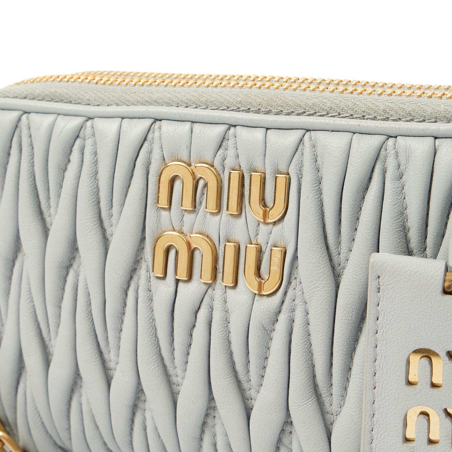 Miu Miu Cross Body Matelasse Crossbody in Blue, Leather — Lifestyle View