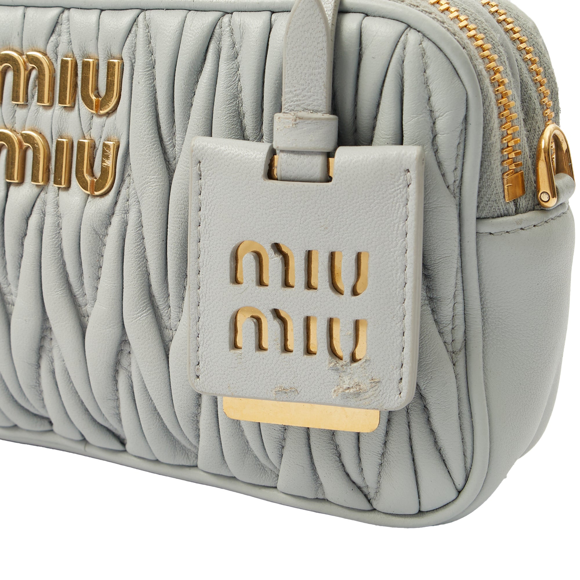 Miu Miu Cross Body Matelasse Crossbody in Blue, Leather — Detail View
