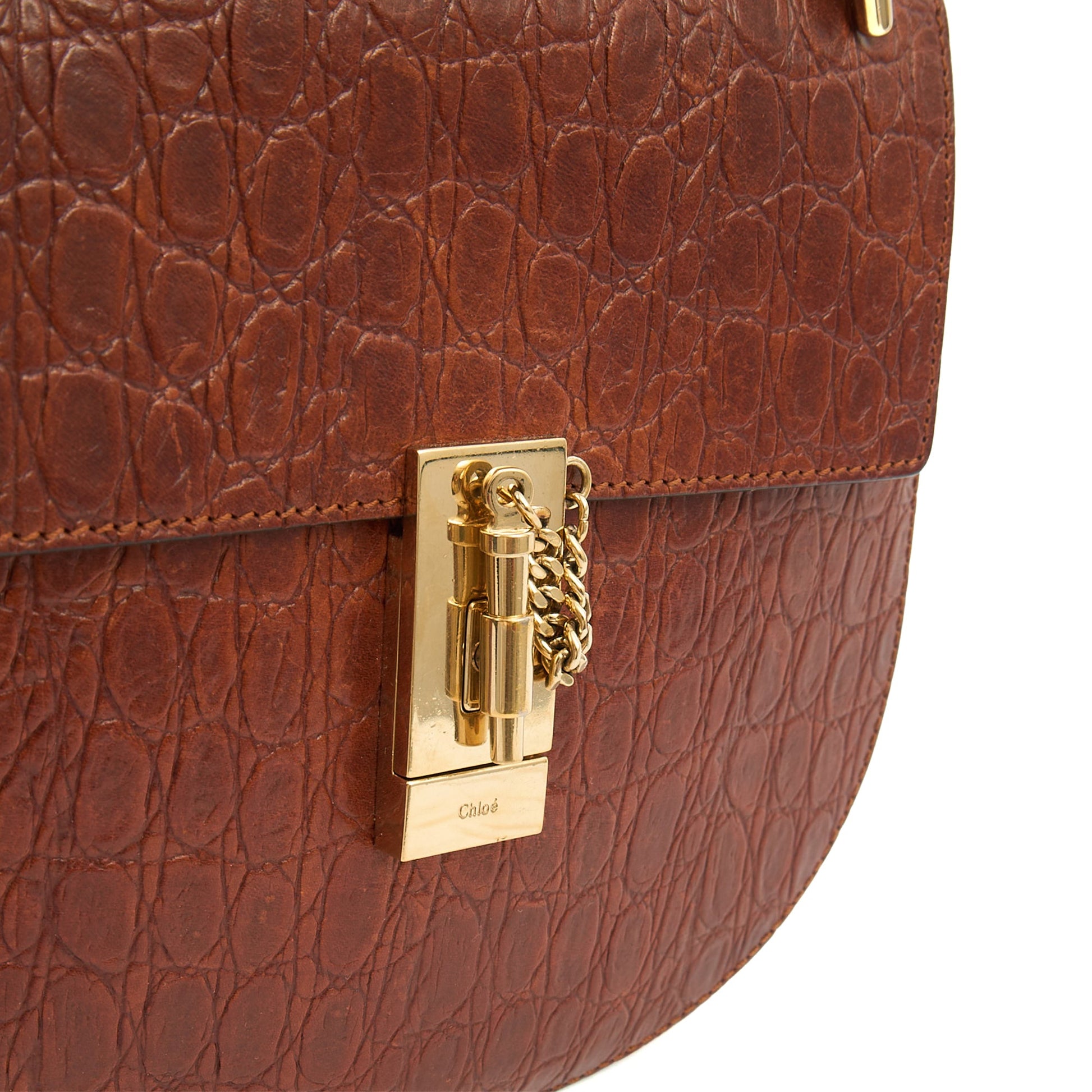 Chloe Cross Body Drew Small Shoulder Bag in Brown, Embossed Croco Calfskin — Lifestyle View