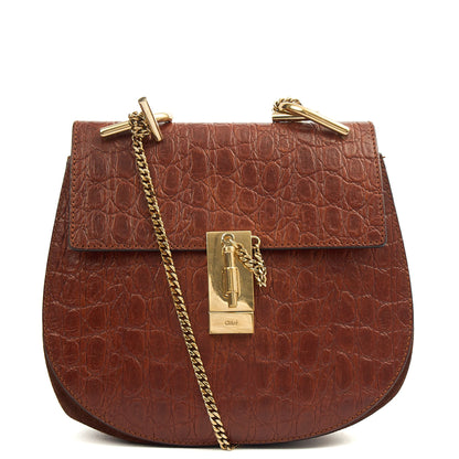 Chloe Cross Body Drew Small Shoulder Bag in Brown, Embossed Croco Calfskin — Front View