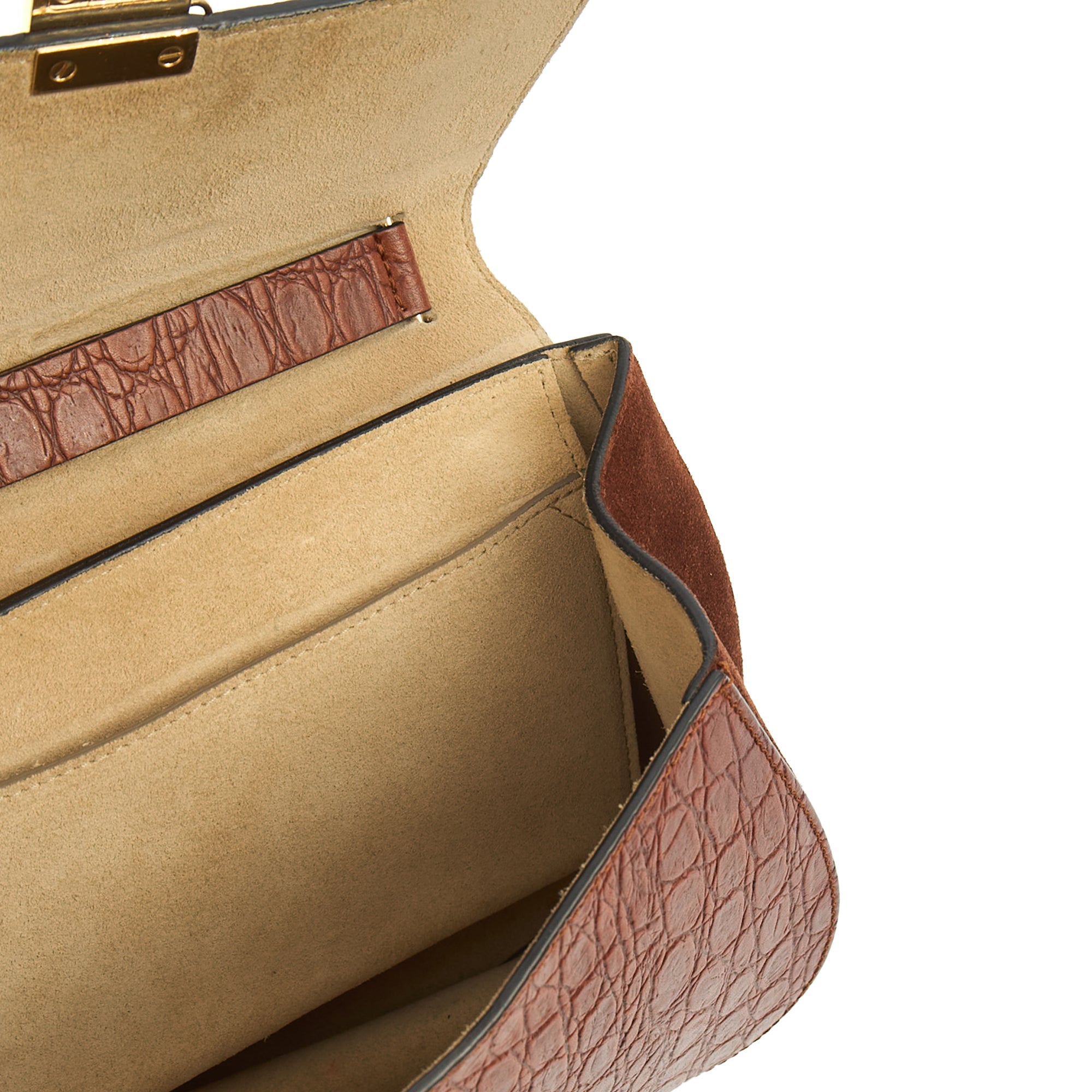 Chloe Cross Body Drew Small Shoulder Bag in Brown, Embossed Croco Calfskin — Detail View