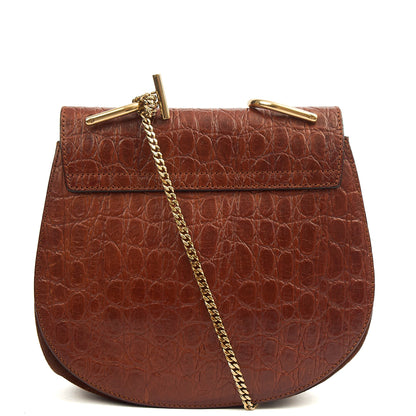 Chloe Cross Body Drew Small Shoulder Bag in Brown, Embossed Croco Calfskin — Back View