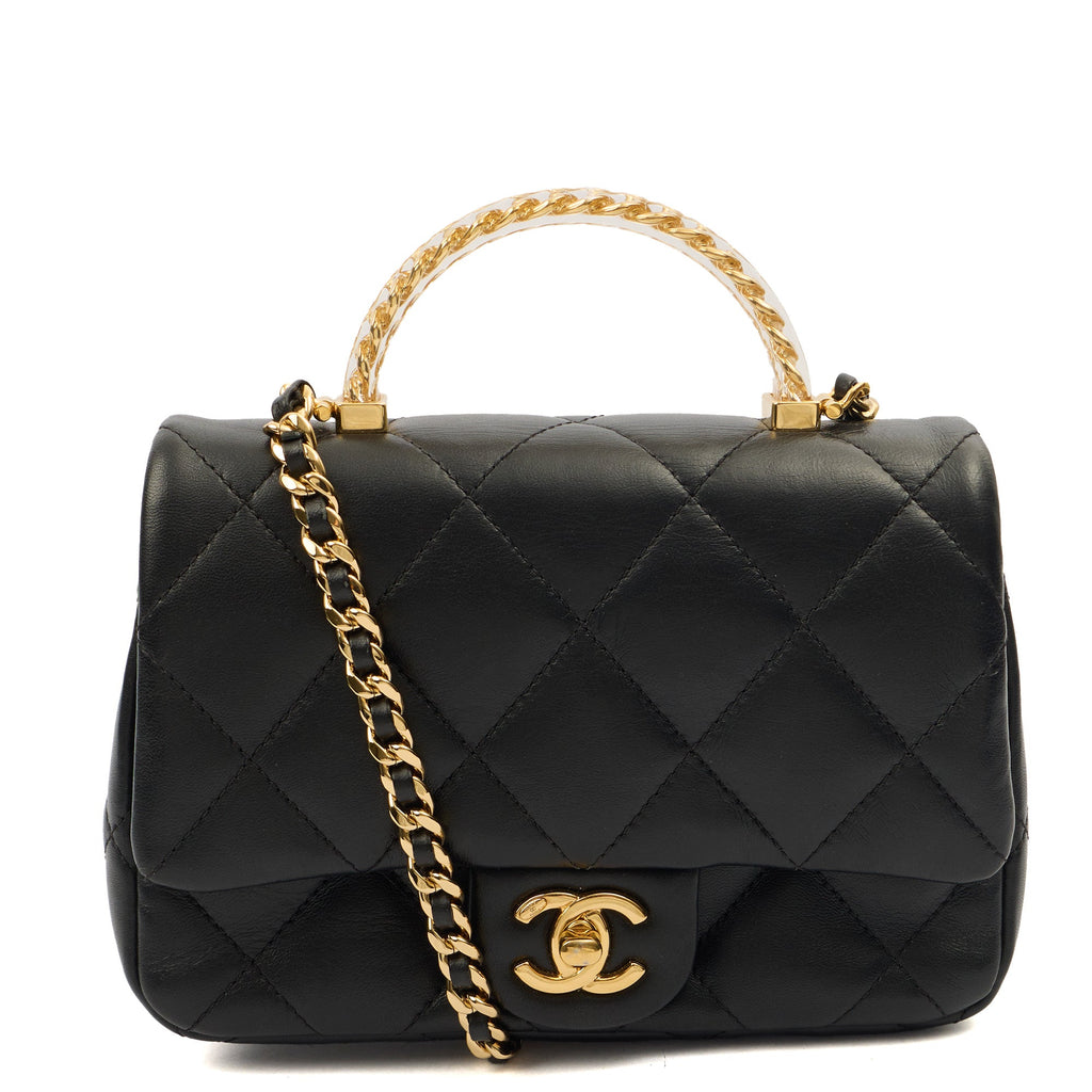 Chanel Top Handle Flap Bag with Top Handle - Small in Black, Lambskin Leather — Front View