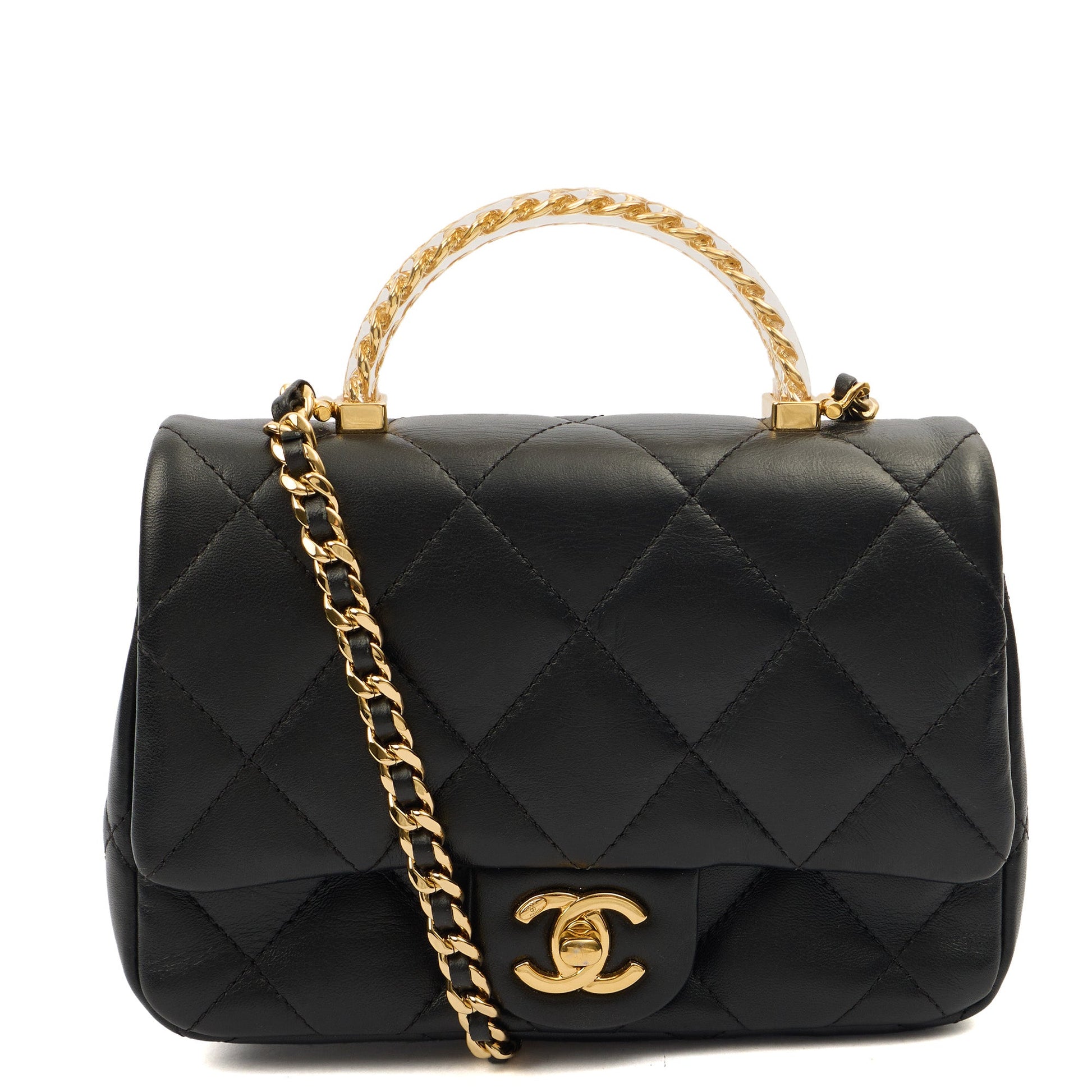 Chanel Top Handle Flap Bag with Top Handle - Small in Black, Lambskin Leather — Front View