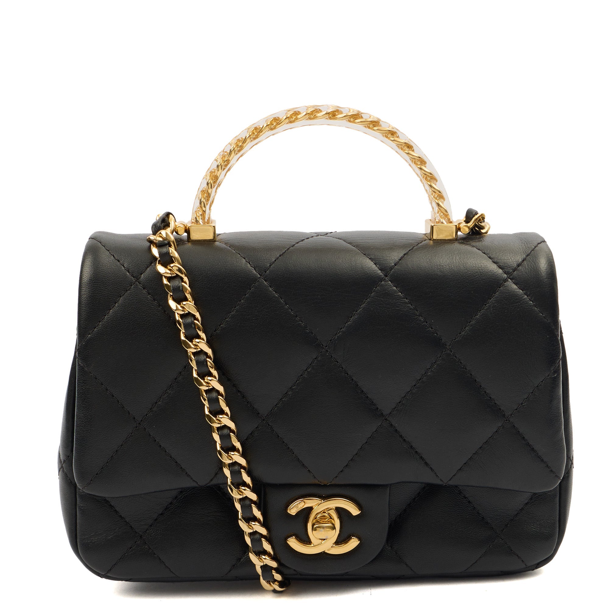 Chanel Top Handle Flap Bag with Top Handle - Small in Black, Lambskin Leather — Front View