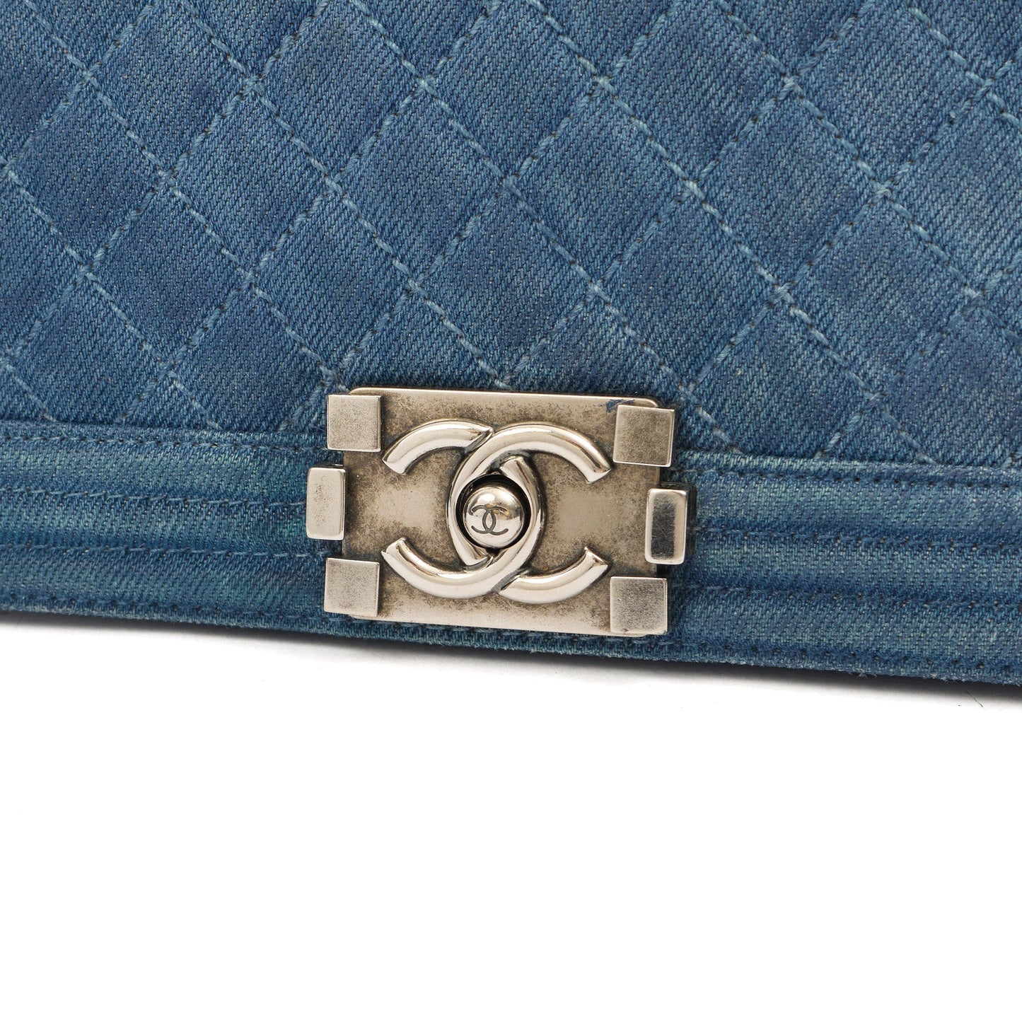 Chanel Shoulder Bag Boy - Medium in Blue, Fabric — Lifestyle View