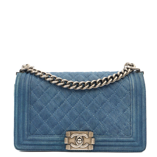 Chanel Shoulder Bag Boy - Medium in Blue, Fabric — Front View