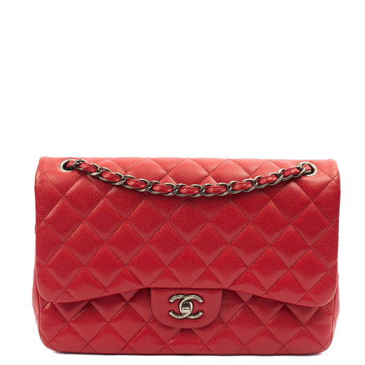 Chanel Shoulder Bag Classic Double Flap - Large in Red, Caviar Leather — Front View