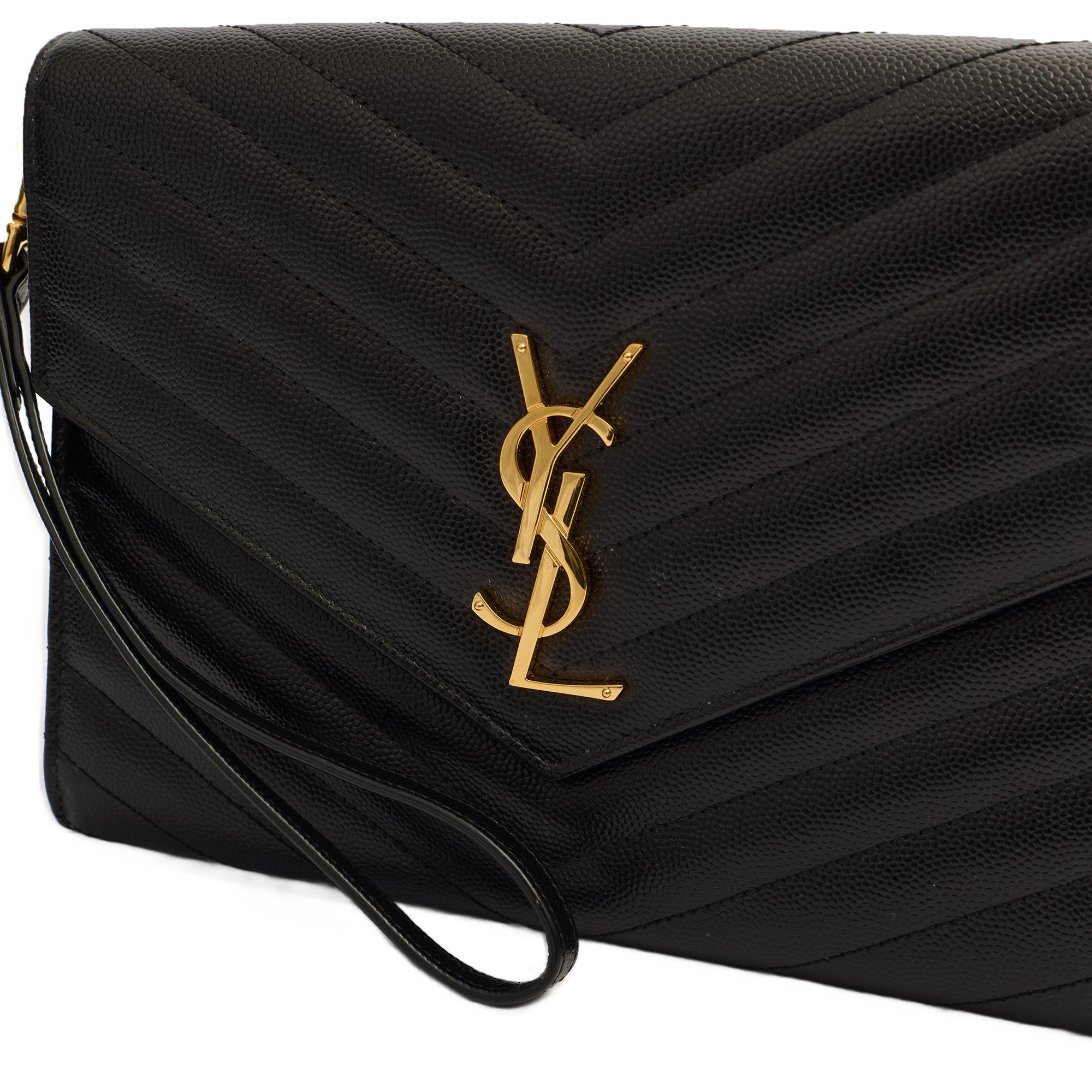 Saint Laurent Clutch Envelope Flap Pouch in Black, Calfskin Leather — Detail View
