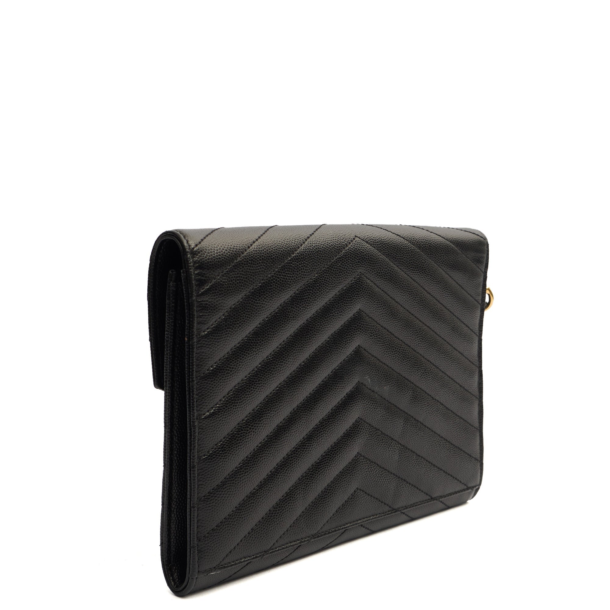 Saint Laurent Clutch Envelope Flap Pouch in Black, Calfskin Leather — Side View