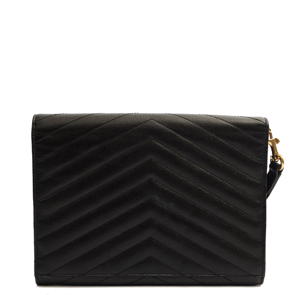 Saint Laurent Clutch Envelope Flap Pouch in Black, Calfskin Leather — Back View