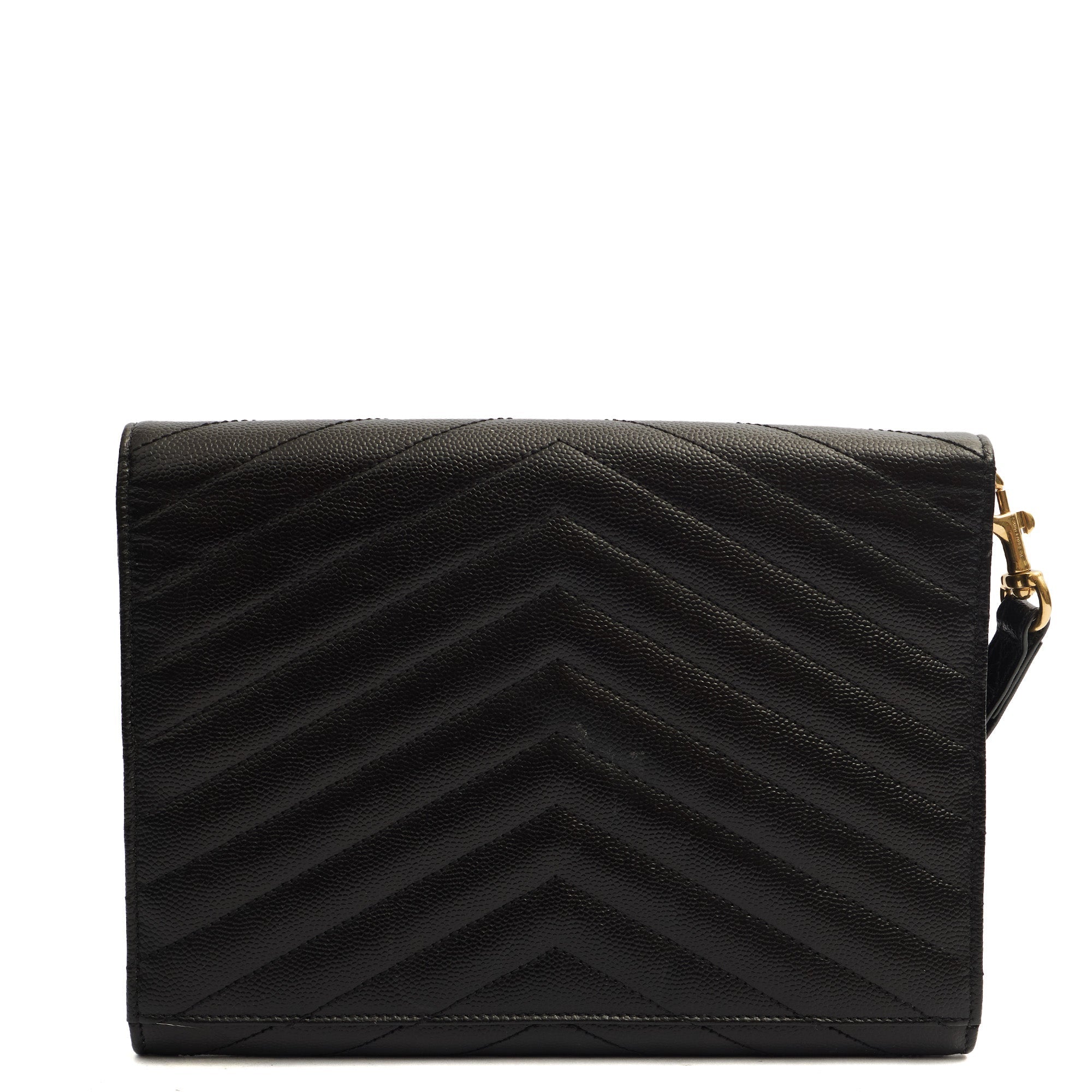 Saint Laurent Clutch Envelope Flap Pouch in Black, Calfskin Leather — Back View