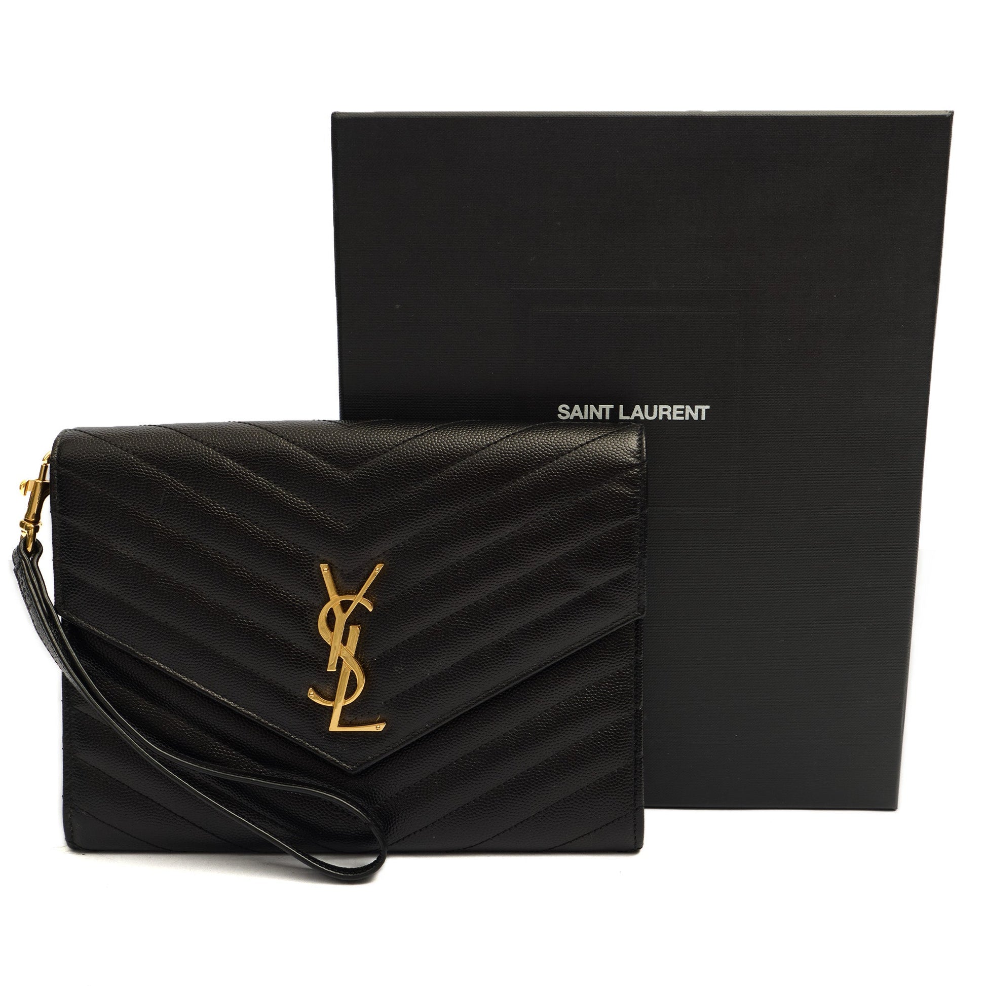 Saint Laurent Clutch Envelope Flap Pouch in Black, Calfskin Leather — Lifestyle View