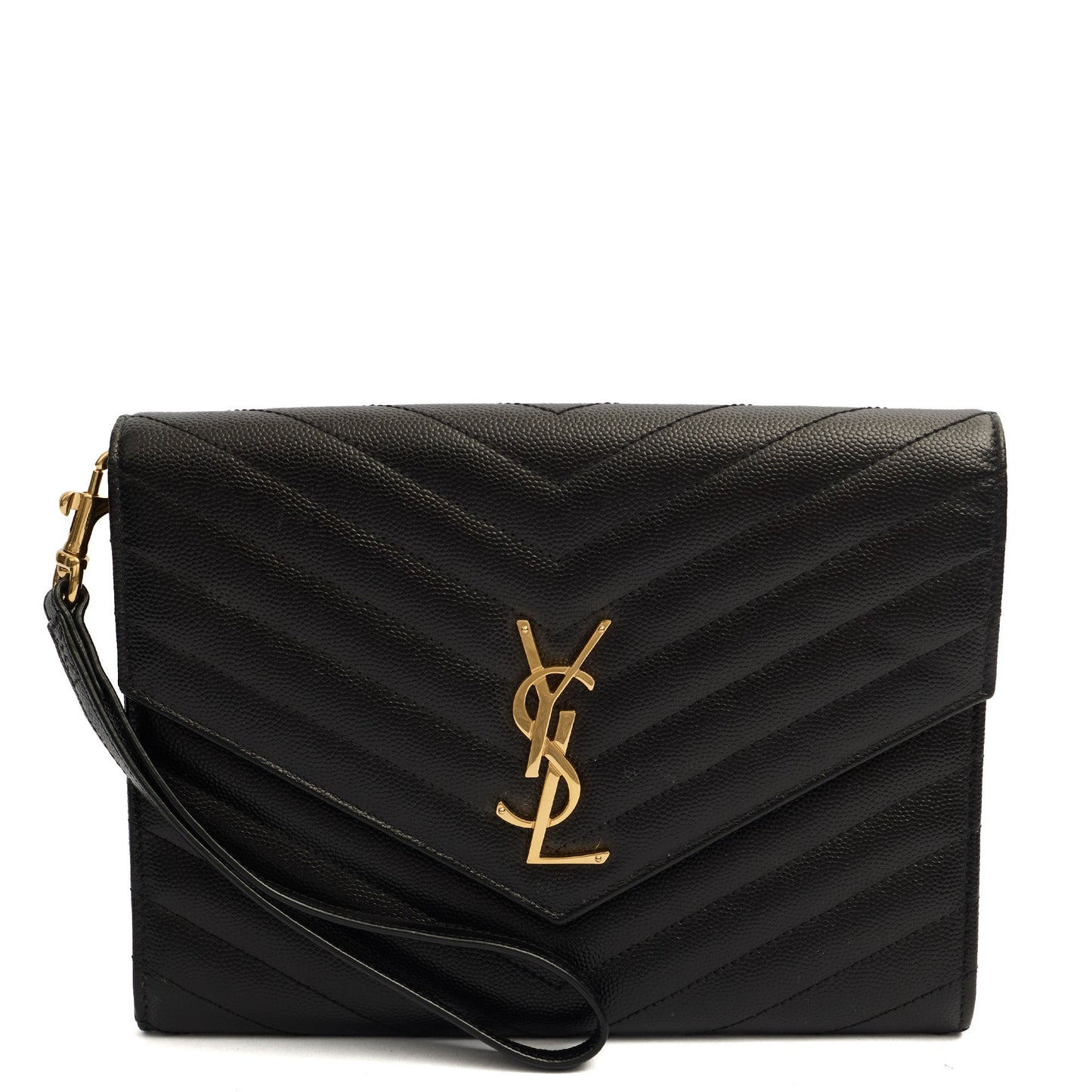 Saint Laurent Clutch Envelope Flap Pouch in Black, Calfskin Leather — Front View