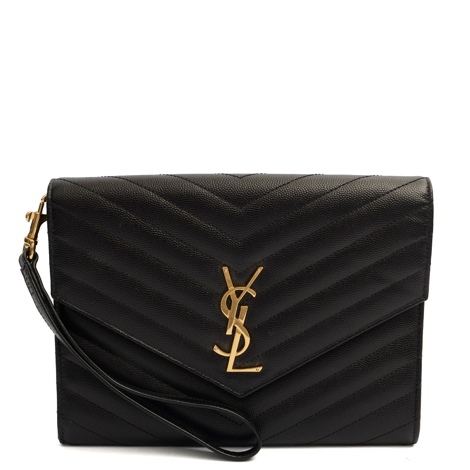 Saint Laurent Clutch Envelope Flap Pouch in Black, Calfskin Leather — Front View