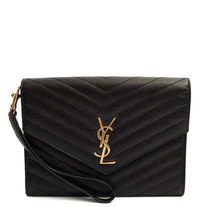 Saint Laurent Clutch Envelope Flap Pouch in Black, Calfskin Leather — Front View