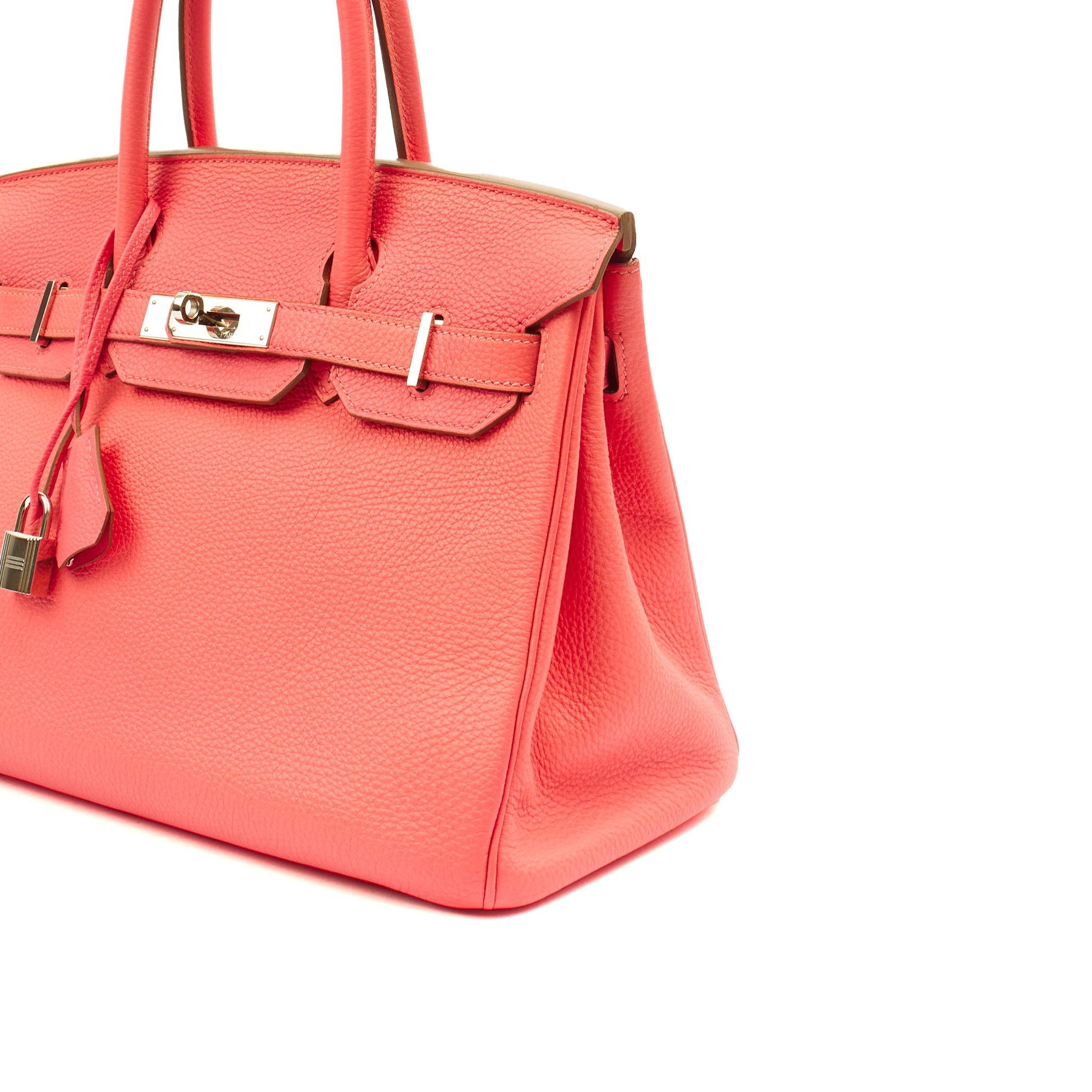 Hermes Tote Birkin 30 in Rose Lipstick, Togo Leather — Detail View