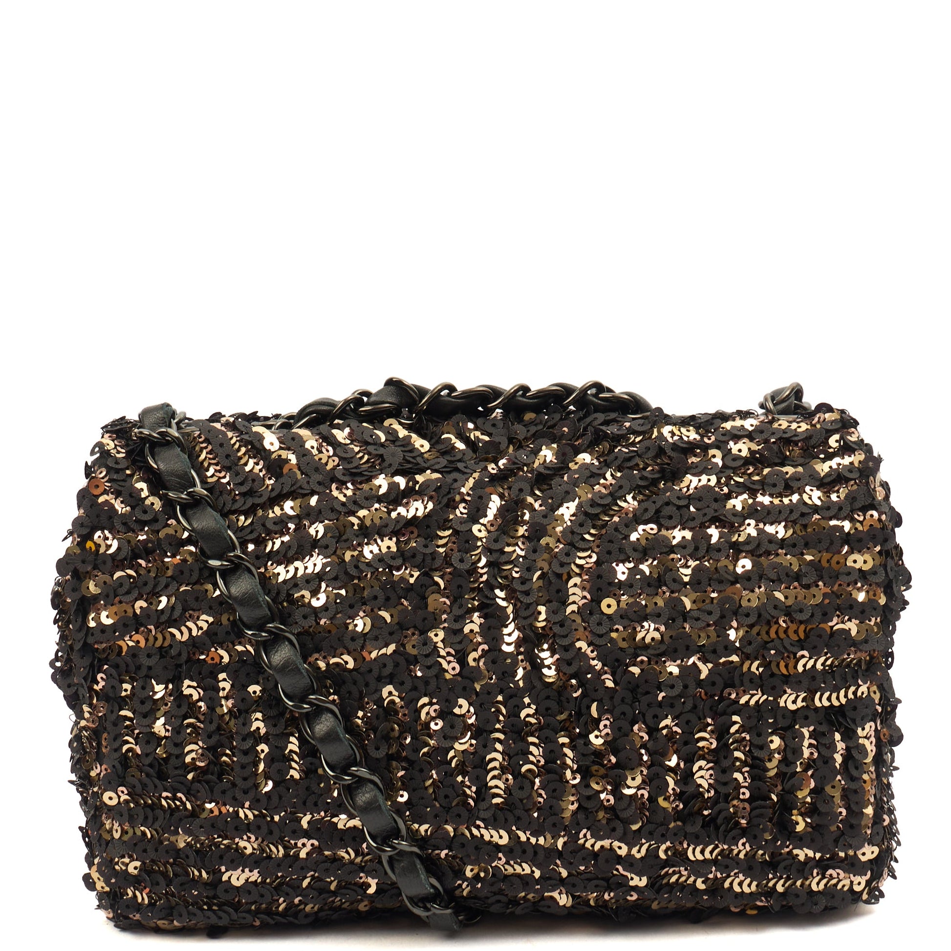 Chanel Shoulder Bag Flap Bag in Black, Sequin — Top View