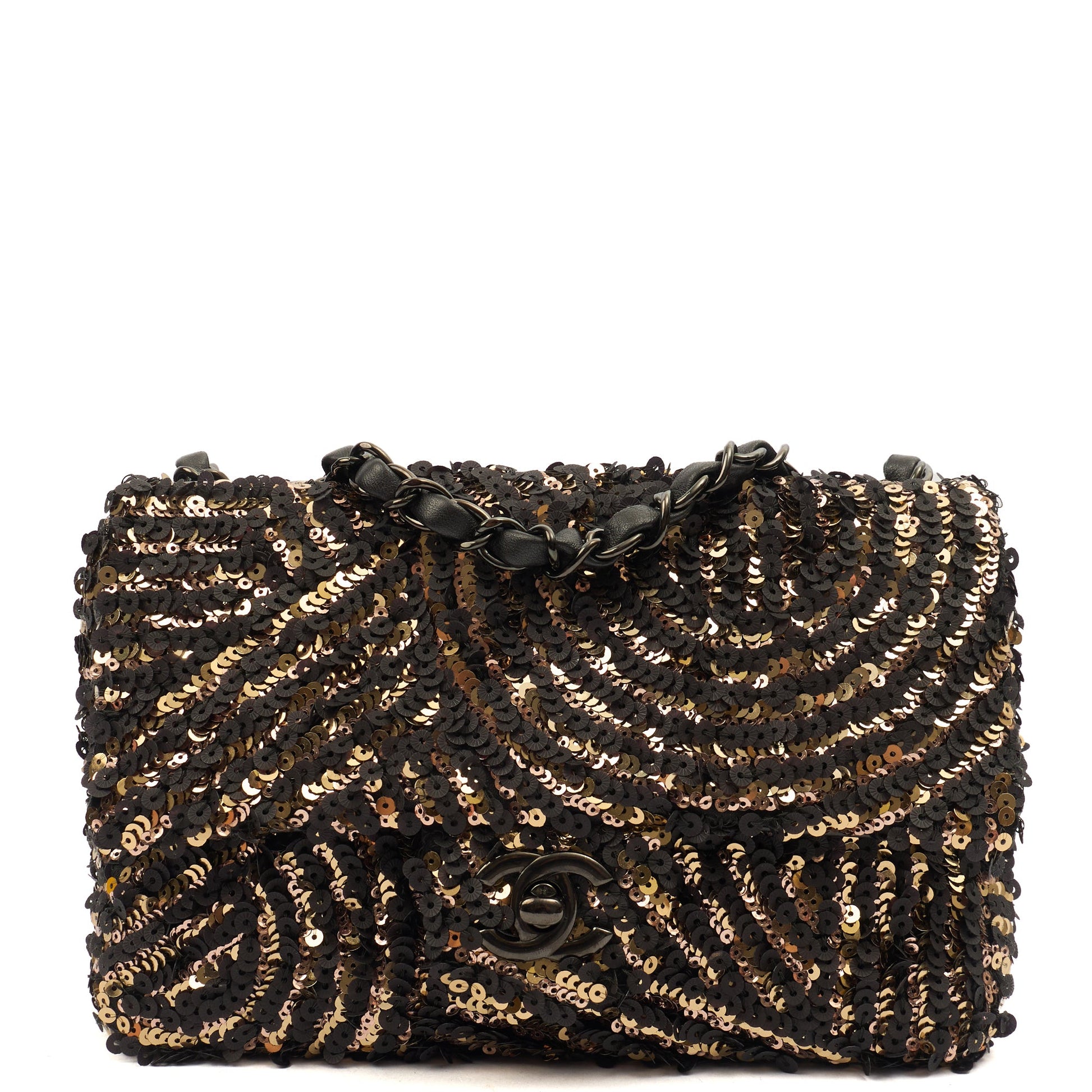 Chanel Shoulder Bag Flap Bag in Black, Sequin — Front View
