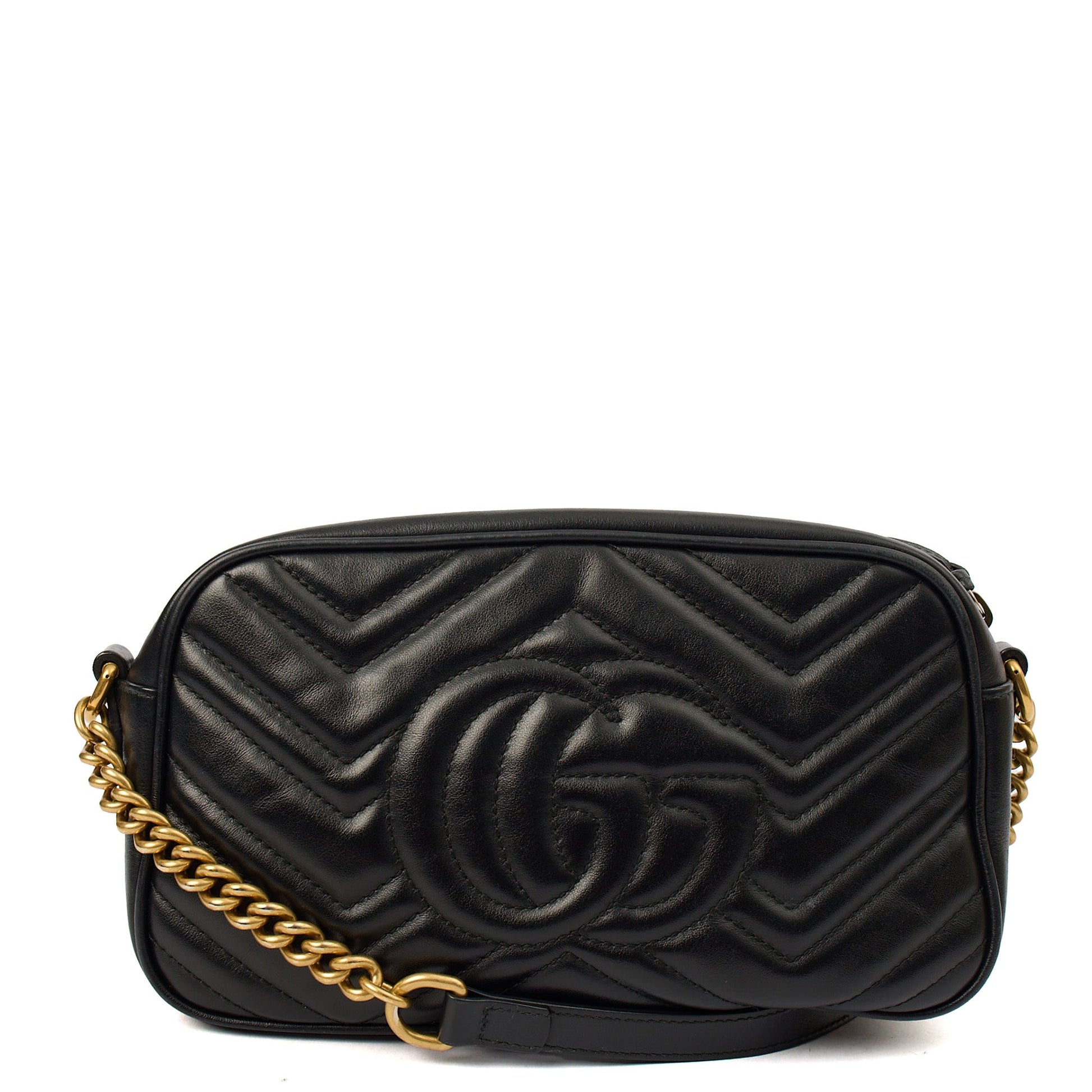Gucci Cross Body Marmont Shoulder Bag - Small in Black, Leather — Top View