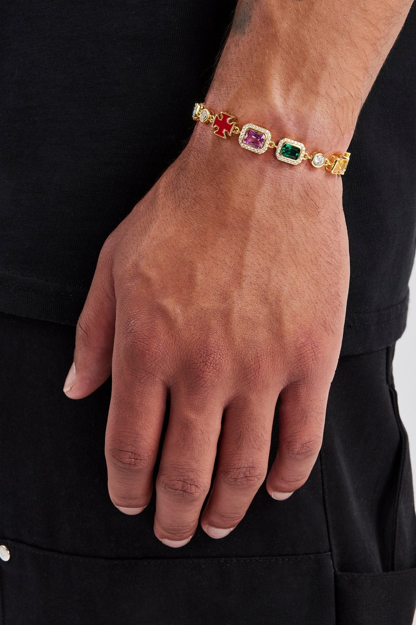 Cernucci Multi Gemstone Motif Bracelet - Gold - 10mm — 7" — Front View