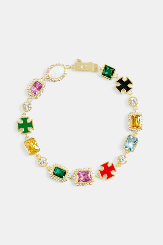 Cernucci Multi Gemstone Motif Bracelet - Gold - 10mm — 7" — Side View