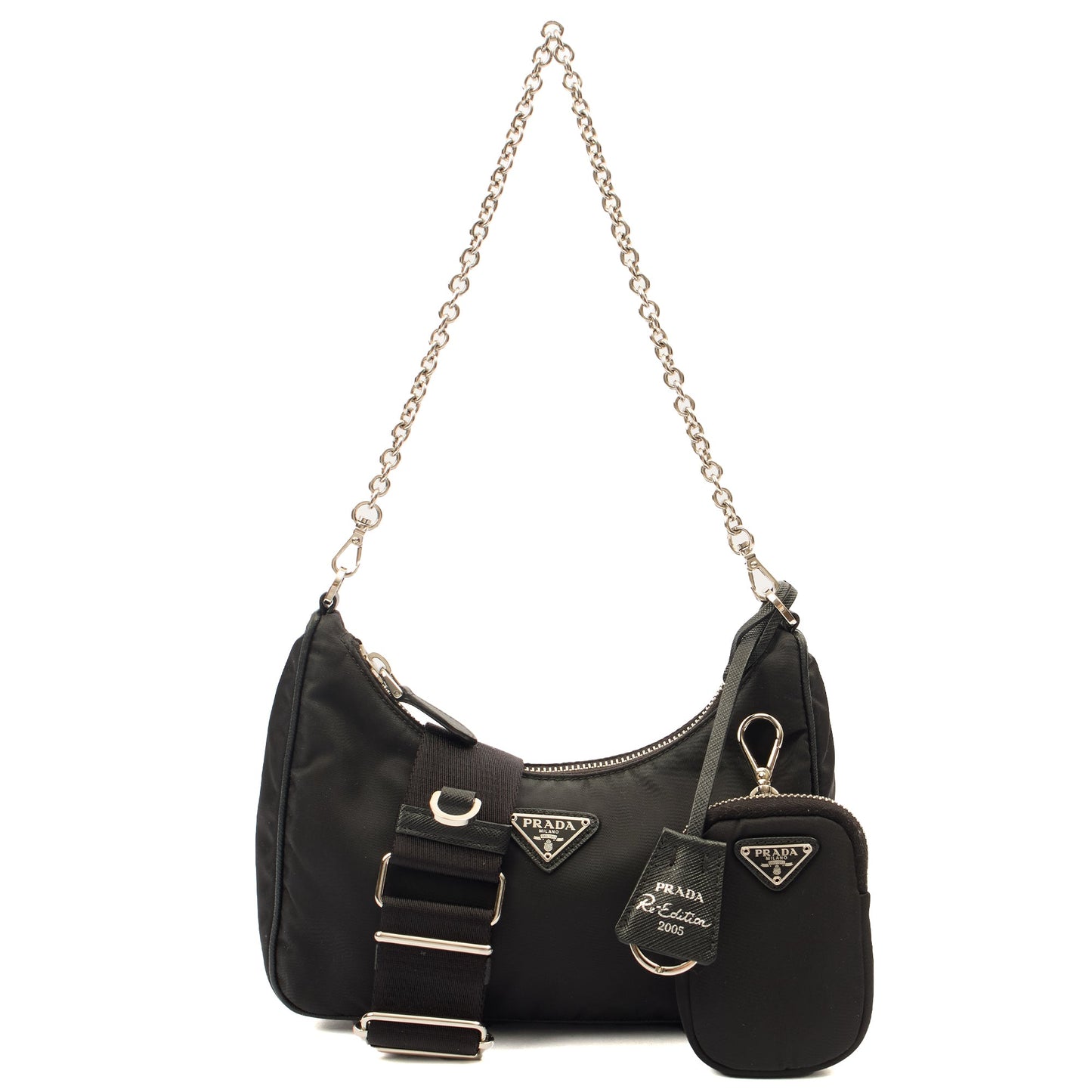 Prada Cross Body Re-Edition 2000 Shoulder Bag in Black, Nylon — Front View