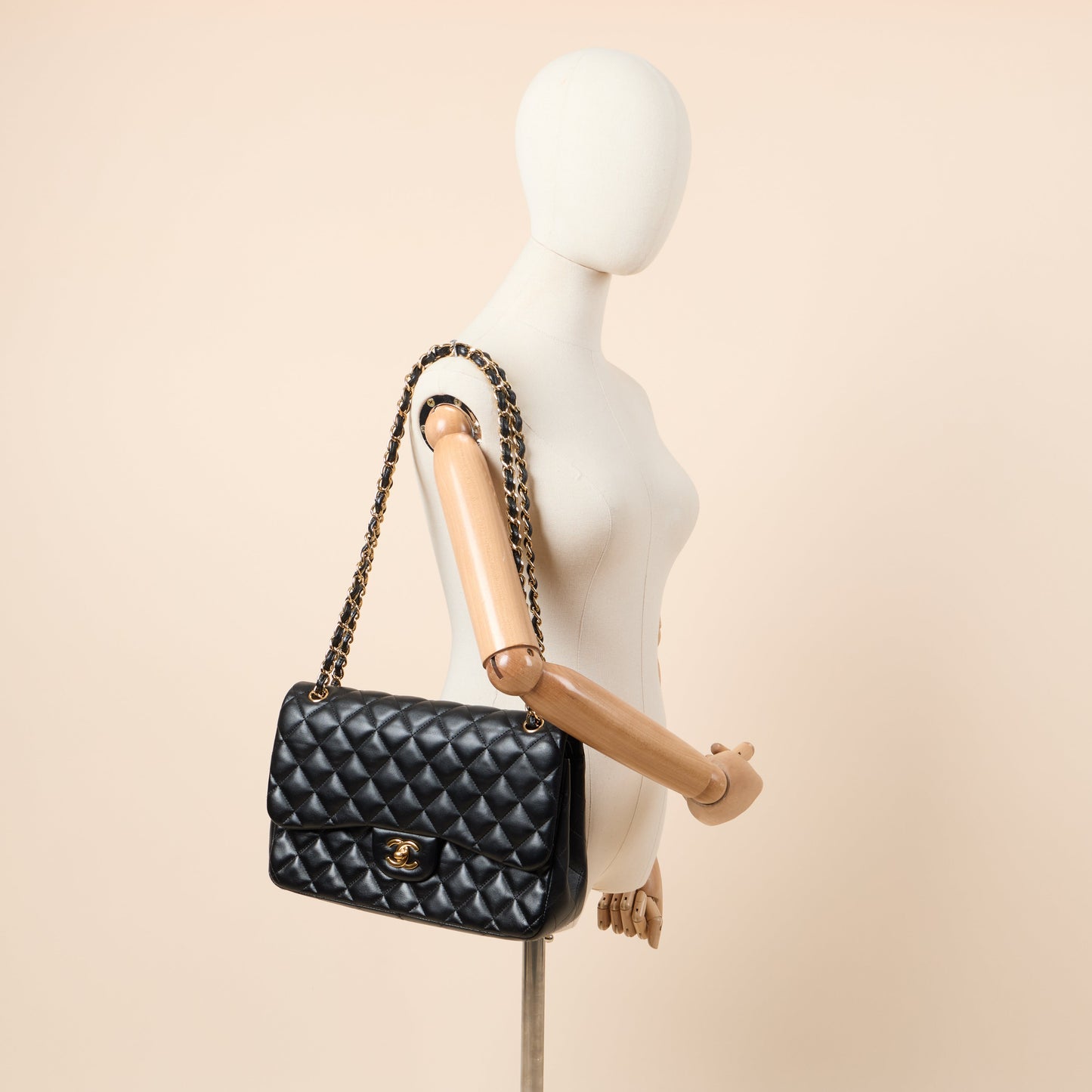 Chanel Shoulder Bag Classic Double Flap - Large in Black, Leather — Side View