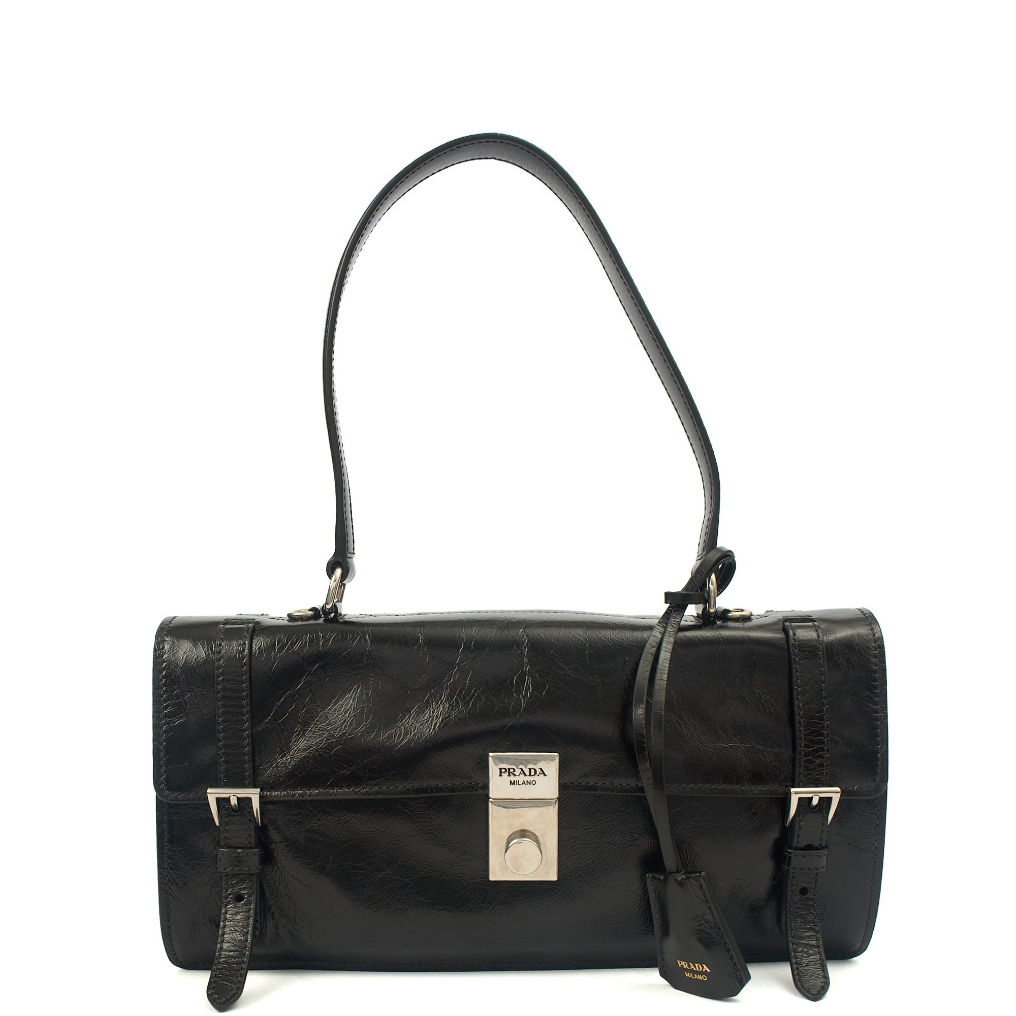 Prada Top Handle Saffiano Soft in Black, Patent Leather — Front View