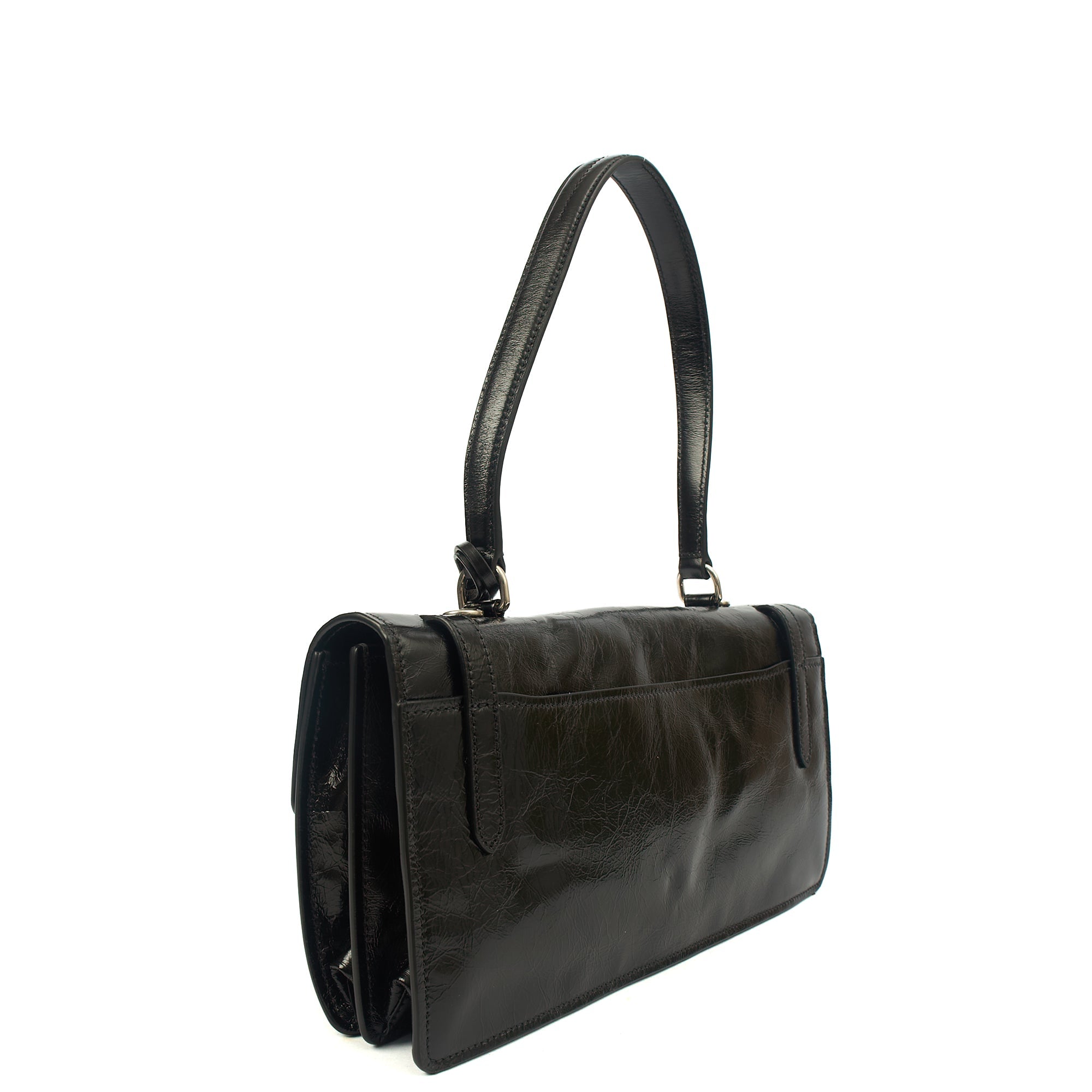 Prada Top Handle Saffiano Soft in Black, Patent Leather — Side View