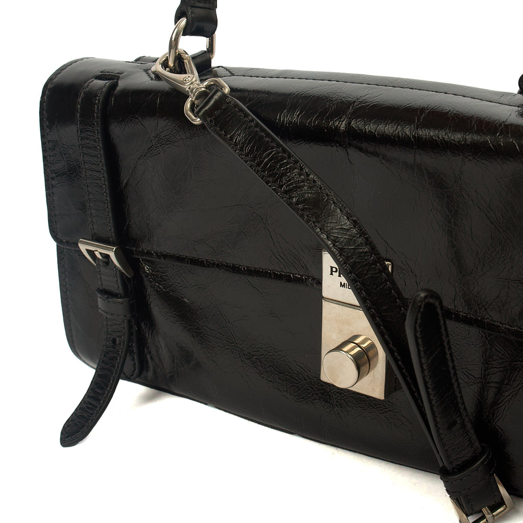 Prada Top Handle Saffiano Soft in Black, Patent Leather — Detail View