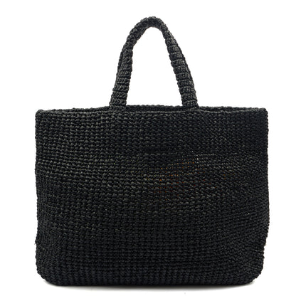 Prada Tote Raffia Summer Tote in Black, Fabric — Back View
