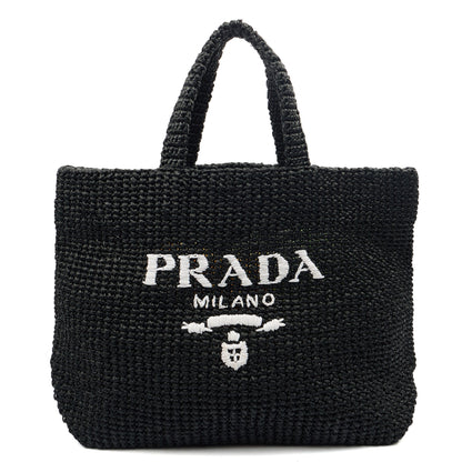 Prada Tote Raffia Summer Tote in Black, Fabric — Front View