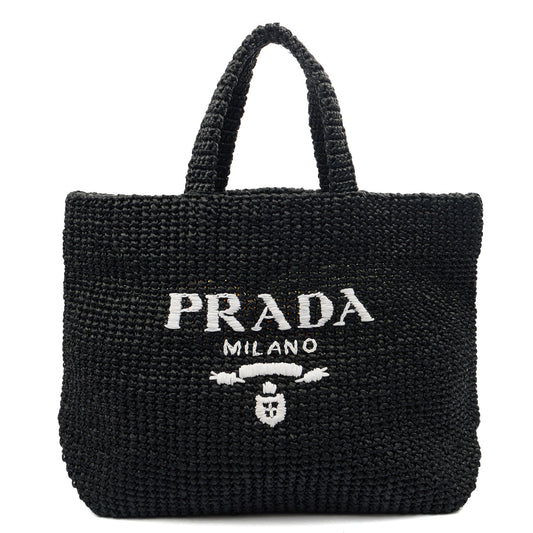 Prada Tote Raffia Summer Tote in Black, Fabric — Front View